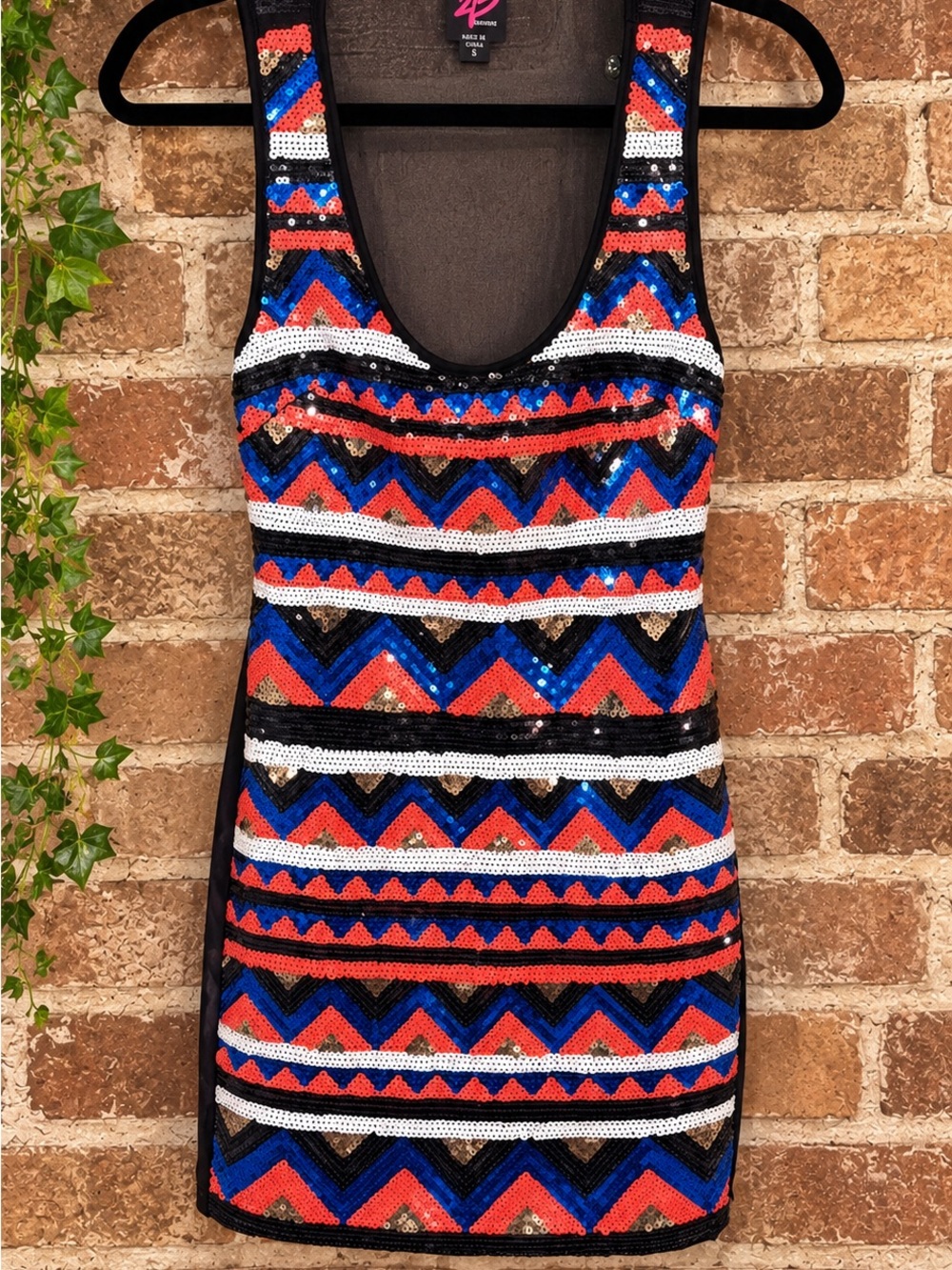 Sequin Chevron Tank Dress - Black, Red & Blue